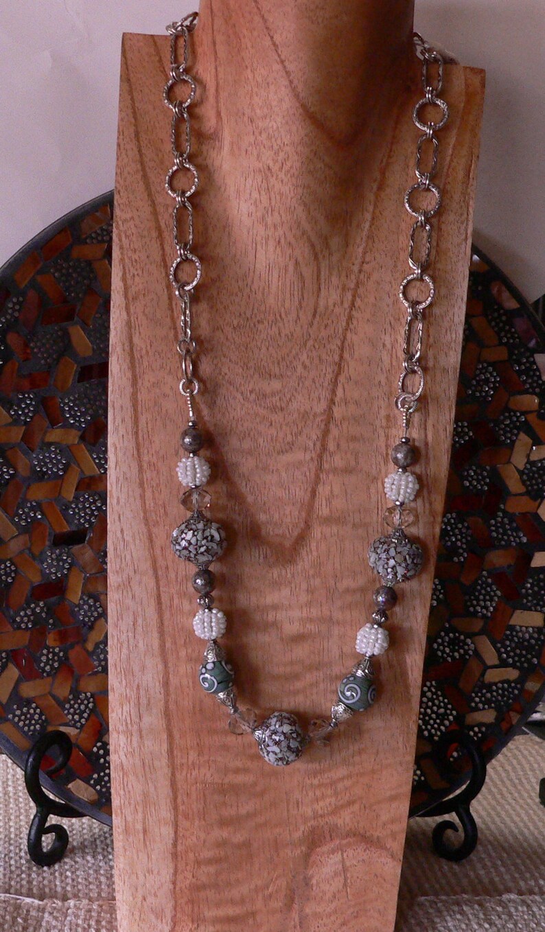 green and silver seafoam green green and pearl green necklace handmade necklace beaded necklace sallys beads nc chain necklace
