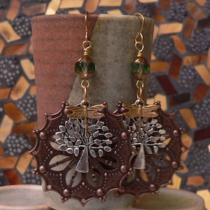 bold earring, mixed metal, layered earring, tree earring, dragonfly, czech glass, copper earring, boho earring, copper and silver, gift