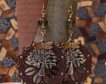 bold earring, mixed metal, layered earring, tree earring, dragonfly, czech glass, copper earring, boho earring, copper and silver, gift