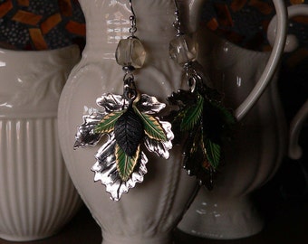 bold earring, leaf earring, mixed metal, crystal earring, layered leaves, boho earring, jewelry, earring, gift for women, dangle earring