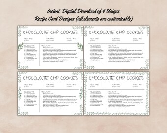 4 PACK EDITABLE Recipe Card Template, Printable Recipe Card, Recipe Card, Download, Canva Template, Personalized Recipe Card, Floral 4x6