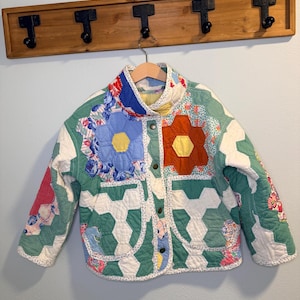 Vintage Grandmother's Flower Garden Quilt Jacket | Girls Size 6 Handmade Patchwork Coat