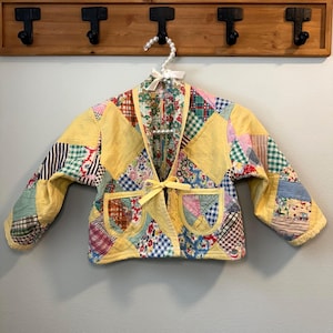 Handmade Repurposed Upcycled Vintage Quilt Yellow Patchwork Toddler Child Jacket Coat 2T