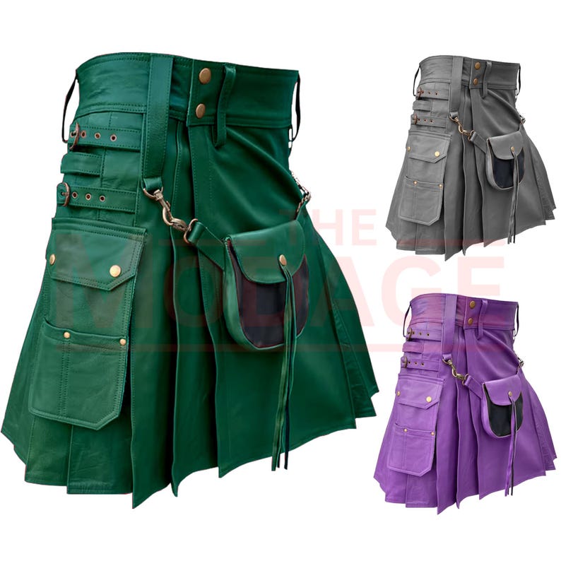 May include: Three leather kilts in different colors: green, gray, and purple. Each kilt has a flap pocket on the front, a small pouch on the side, and multiple straps and buckles.