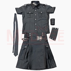 Leather Uniform – Black Police Uniform Shirt Scottish Kilt Wristband And Tie Set – Cowhide Leather Gay Cop Uniform Outfit Cosplay Costume
