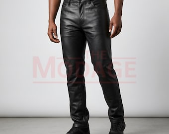 Black Leather Pants Men: Real Cow Leather Jeans Pant Handmade Soft Streetwear Trouser