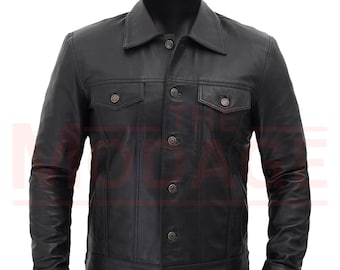Schwarze Trucker Lederjacke für Herren