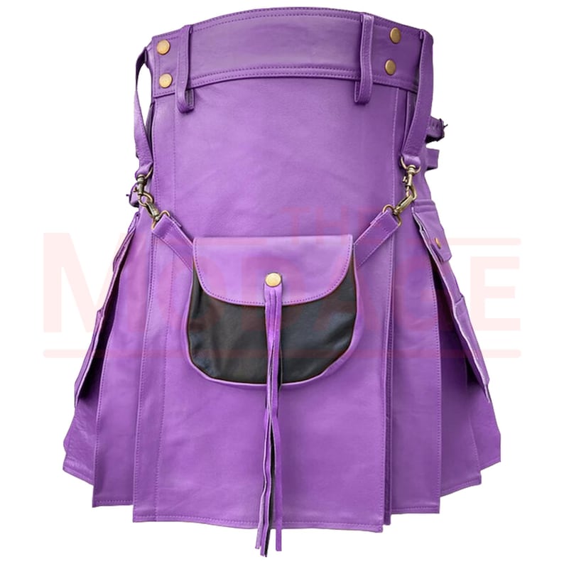 May include: A purple leather kilt with a black leather pocket and a gold buckle. The kilt has a fringe detail on the pocket.