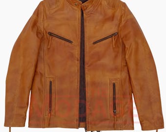 Handgemachte gewachste Rindsleder Cafe Racer Biker Jacke - Distressed Vintage Look