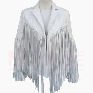 Veste en cuir blanche à franges pour femme, Veste de cow-girl western rétro à pampilles, Style équestre amérindien, Veste personnalisée avec franges