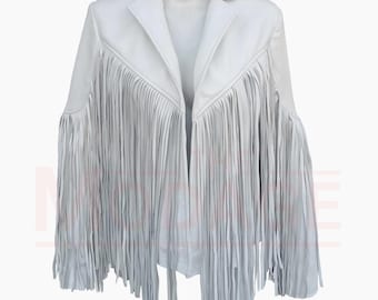 White Fringed Leather Jacket For Women, Retro Western Cowgirl Tassel Jacket, Native Equestrian Style, Custom Jacket with Fringes