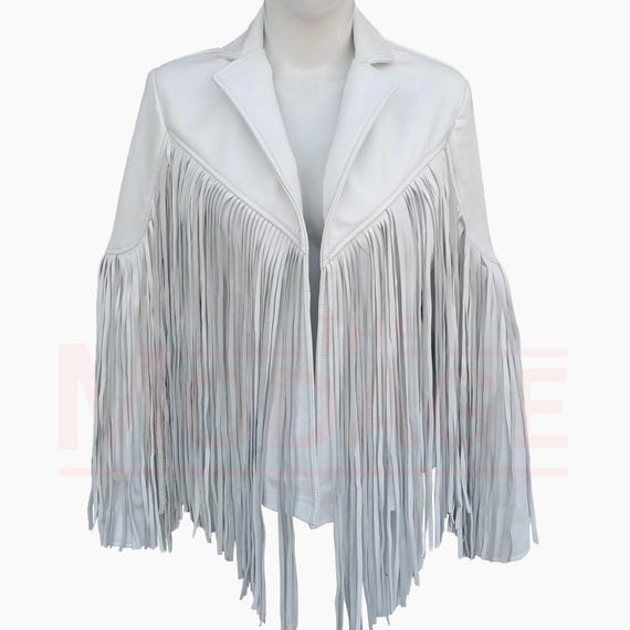 White Fringed Leather Jacket For Women, Retro Western Cowgirl Tassel Jacket, Native Equestrian Style, Custom Jacket with Fringes