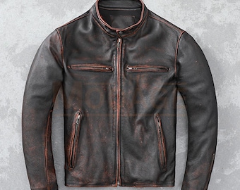 Distressed Black Leather Cafe Racer Jacket: Vintage Biker Motorcycle Style