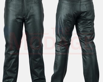 Handgefertigte Jeans aus Vollnarbenleder - Herren Biker Motorradhose