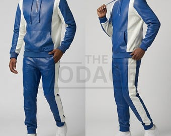 Blue White Leather Tracksuit – Men's Hoodie Jogger Set – Real Cowhide Active Wear SweatSuit