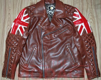 Chaqueta de cuero Union Jack Cafe Racer: Chaqueta de motociclista marrón desgastada