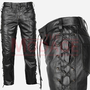 Men’s Black Lace Up Leather Pant - Side & Fly Laced Pant - Biker Motorcycle Style - Men Leather Pants - Steampunk Gothic - Leather Pant