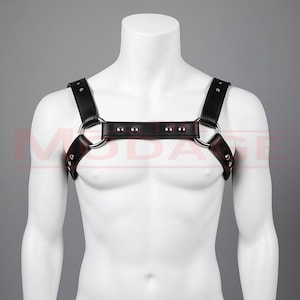 Black Bulldog Harness, Leather Chest Harness With Metal Silver Hardware, Bulldog Adjustable Genuine Leather Men’s Harness