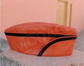 Leather Garrison Cap – Orange Military Style Hat, Black Trim