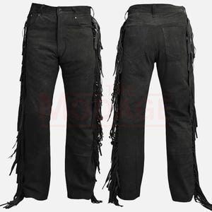 Suede Leather Pants – Western Cowboy Pant – Fringed Pants Men – Man Native Style Fringed Black Suede Leather Trouser With Fringes Tassel