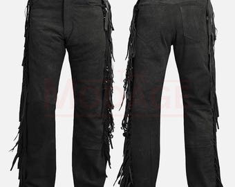 Wildlederhose - Western Cowboy Hose - Fransenhose Männer - Herren Native Style schwarze Wildlederhose mit Fransen Quaste