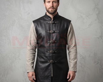 Men's Black Leather Viking Tunic | Medieval Knight LARP Vest | Renaissance Fair Warrior Costume - Buckled Pirate Waistcoat