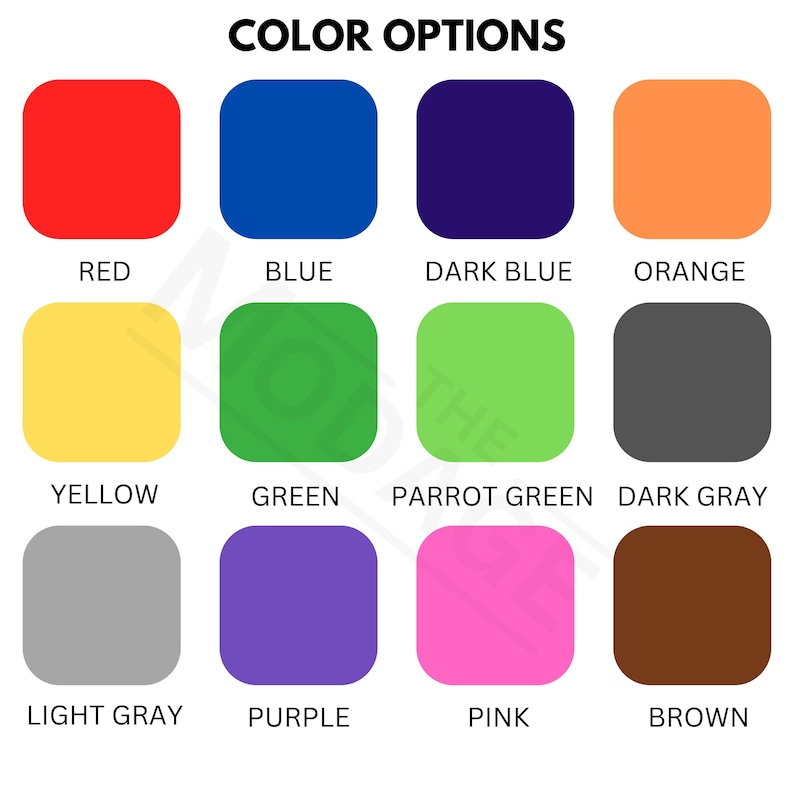 Puede incluir: Un gr&aacute;fico que muestra opciones de color. El texto "OPCIONES DE COLOR" est&aacute; en la parte superior. Debajo hay doce muestras de color cuadradas redondeadas en rojo, azul, azul oscuro, naranja, amarillo, verde, verde loro, gris oscuro, gris claro, morado, rosa y marr&oacute;n.