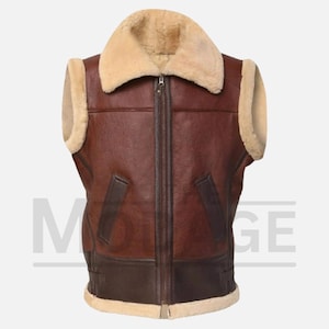 Shearling Leather Vest – Real Sheepskin Leather And inside Shearling Faux Fur Vest – Men Brown Aviator Leather Vest Jacket Sleeveless Gilet