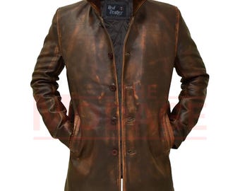 Neue Herren Distressed Rindsleder Sherriff Lange Echt Leder Jacke Mantel Western Vintage Look Mid / Medium Länge