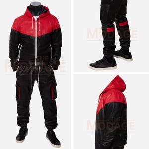 Leather Tracksuit – Men Leather Track Jacket Hoodie & Track Trouser Pants Set Made in Real Soft Cow Leather – Black Red White Combination