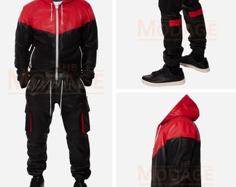 Men's Leather Tracksuit: Black Red & White Hoodie Jacket, Trouser Set Cowhide Leather