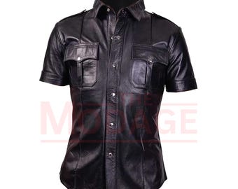 Schwarzes Leder Polizei Hemd - Kurzarm Uniform