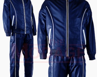 Rindsleder Trainingsanzug: Retro Blau Urban Streetwear Zip-Up Zweiteiler Set aus Jacke und Hose