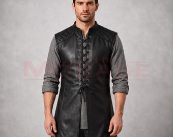 Handmade Men's Gothic Black Medieval Long Leather Vest Coat | Vintage Style Renaissance Cosplay Vest - Steampunk Fantasy Costume Vest