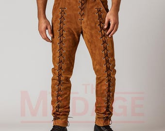 Herren Braun Wildleder Schnürlederhose - Vorder- und Rückseite geschnürte Hose - Biker Motorrad Hose im westlichen Stil - Cowboy Festival Wildlederhose