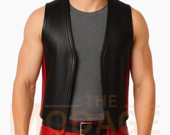 Herren Lederweste - Offene Frontweste Schwarze und rote Leder Pride Outfit Gay Bar Clubwear Weste Am besten für Cosplay oder Party Wear
