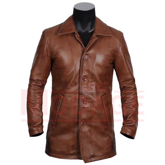 Men Leather Coat – Distressed Vintage Look Sherriff Look Western Cow Leather Coat For Men - Mid / Medium Length Coat