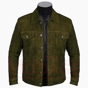 Mens Olive Green Suede Leather Jacket – Handmade Jacket Denim Style – Western Trucker Suede Jacket