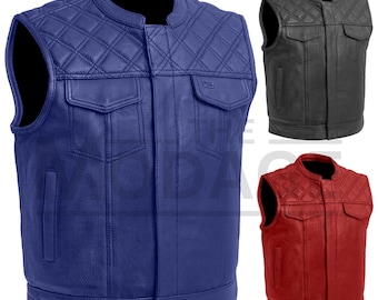Leather Vest – Mens Biker Motorcycle Handmade Motorbike Diamond Stitch Club Vest Sleeveless – Cowhide Milled Leather Gilet