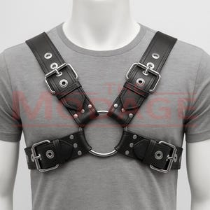 May include: Black leather chest harness with silver-tone metal buckles and rivets. The harness features adjustable straps and a large metal ring at the center. The design is symmetrical and the leather has a textured appearance.