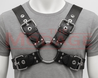 Black Leather Chest Harness for Men – Adjustable Buckled Body Strap with O-Ring, Festival, Club, and Fashion Accessory
