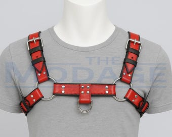 Red & Black Leather Bull Dog Harness For Men: Clubwear Strap Gear