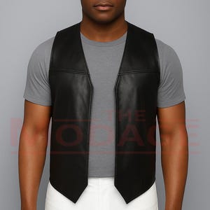May include: A black leather vest with a V-neck design. The vest has a smooth texture and a tailored fit. The image shows the vest worn over a gray t-shirt and white pants, showcasing its style.
