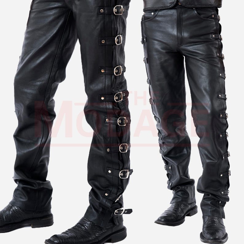 May include: Black leather trousers with multiple buckles and straps down the sides of the legs.