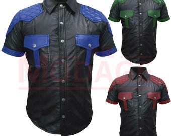 Herren KINK Echtleder Uniform Hemd - Gesteppte Kurzarm