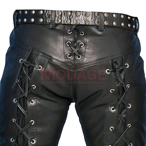 May include: Black leather pants with a lace-up design on the sides and a studded belt.