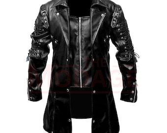 Gothic Leder Trenchcoat – Steampunk Goth Matrix Germanisches Cosplay Kostüm Mittlerer Länge