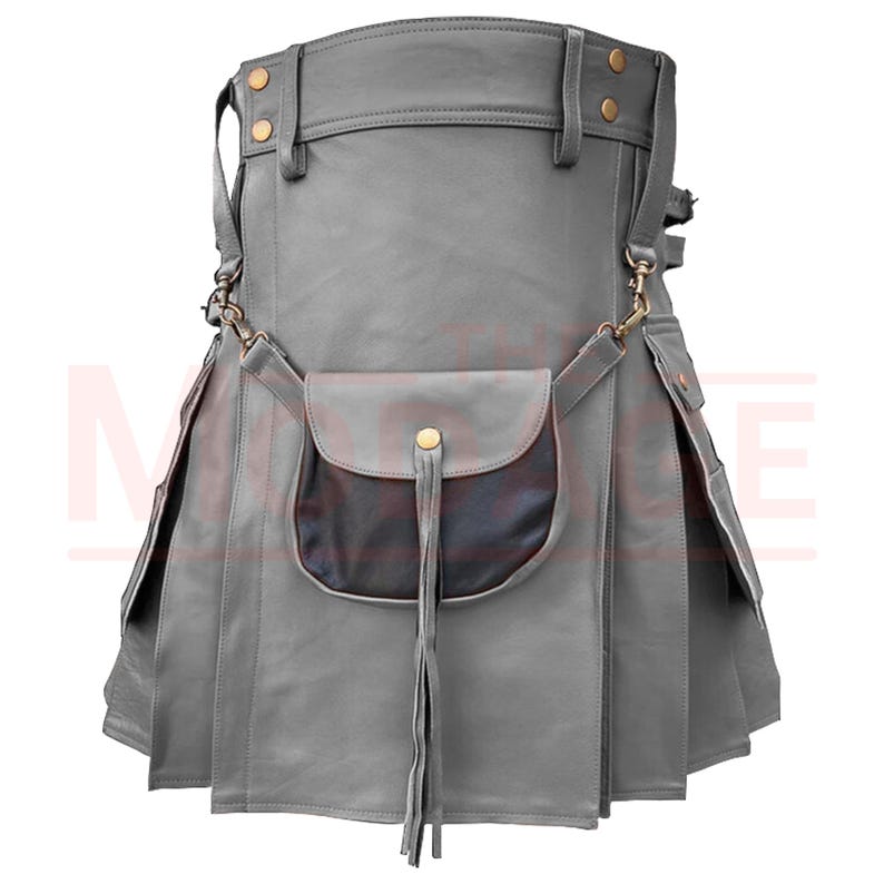 May include: A gray leather kilt with a flap pocket and a fringe detail. The kilt has a belt with buckles and straps.