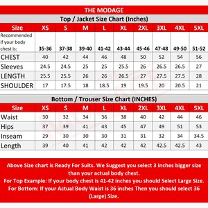 K&ouml;nnte beinhalten: Eine Gr&ouml;&szlig;entabelle f&uuml;r Herrenbekleidung, die die Ma&szlig;e in Zoll f&uuml;r Oberteile und Unterteile zeigt. Die Tabelle umfasst die Gr&ouml;&szlig;en XS bis 5XL. Die Tabelle ist mit "The Modage" beschriftet.