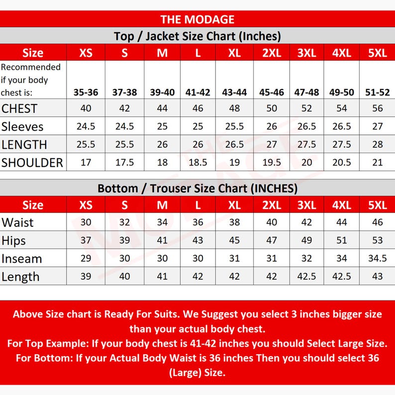 K&ouml;nnte beinhalten: Eine Gr&ouml;&szlig;entabelle f&uuml;r Herrenbekleidung, die die Ma&szlig;e in Zoll f&uuml;r Oberteile und Unterteile zeigt. Die Tabelle umfasst die Gr&ouml;&szlig;en XS bis 5XL. Die Tabelle ist mit "The Modage" beschriftet.